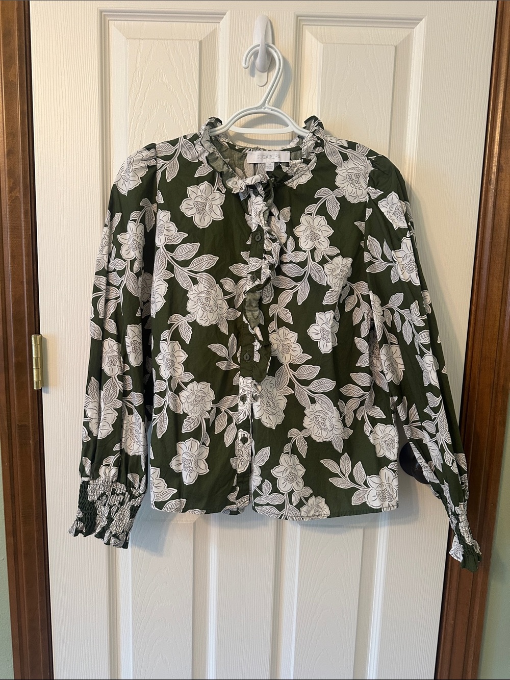 Sugarlips Olive Green Floral Ruffle Tie-Neck Blouse